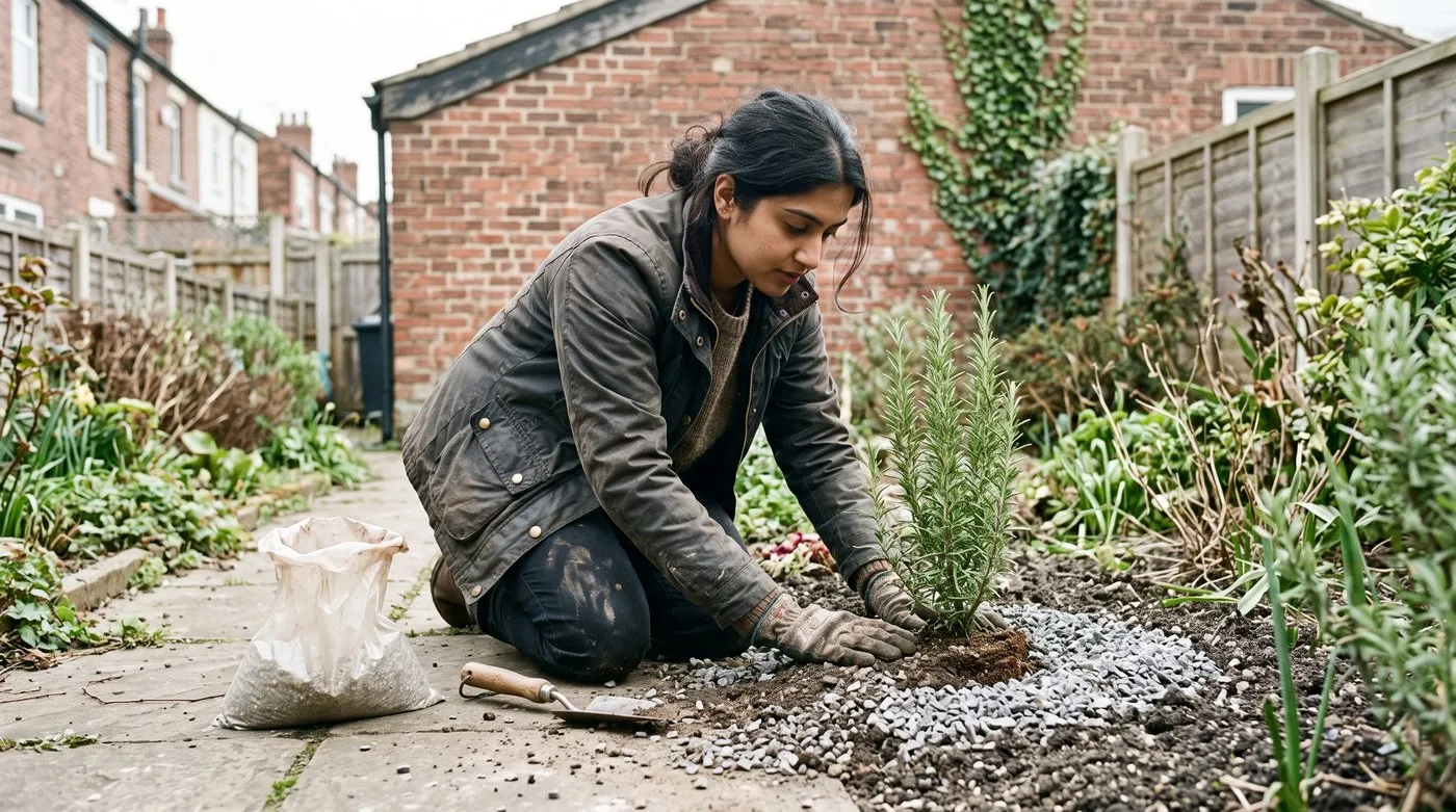 Woman planting a young rosemary on a gritty mound with a gravel mulch in a sunny border