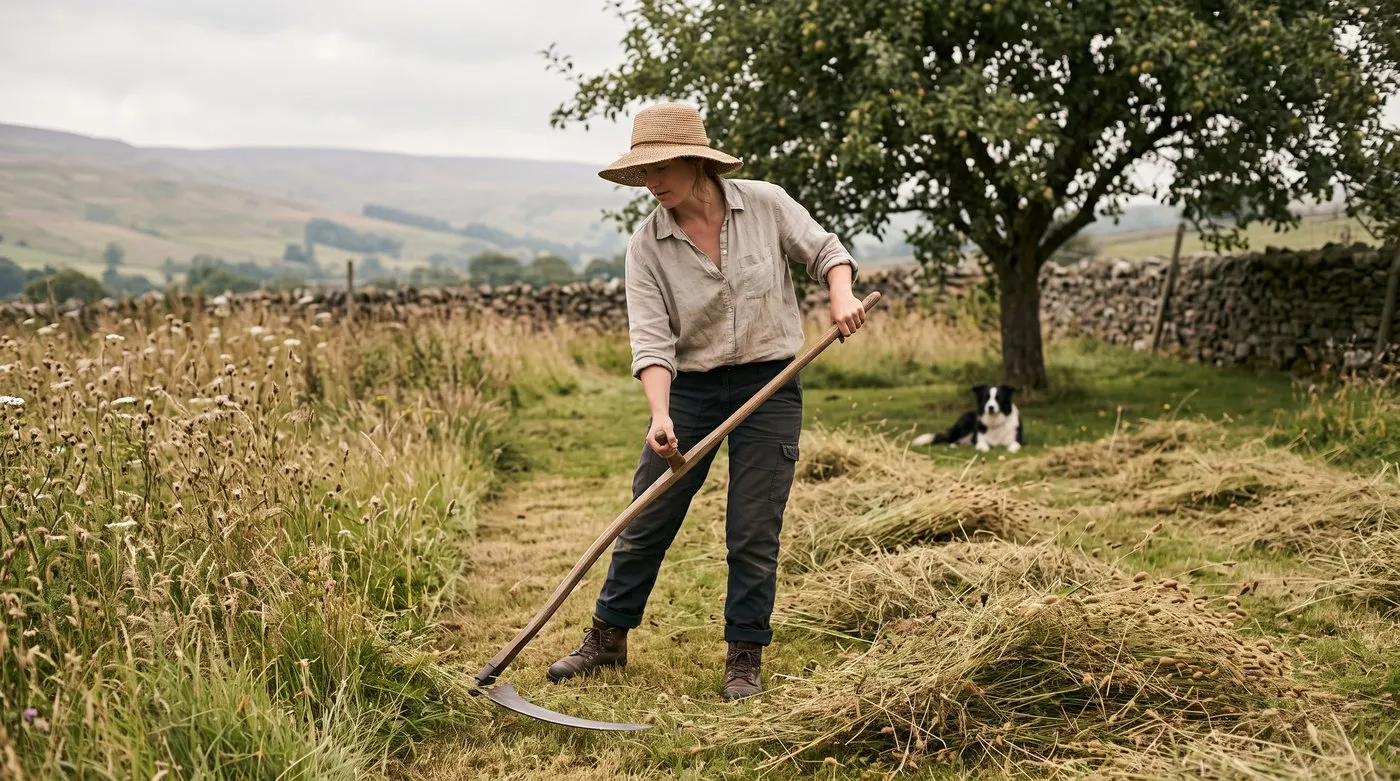 Woman cutting a garden wildflower meadow with a scythe in late summer as her dog watches