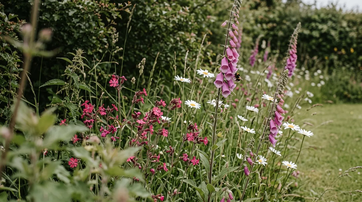 Native wildflower drift of red campion, ox-eye daisies and foxgloves in front of a hawthorn hedge