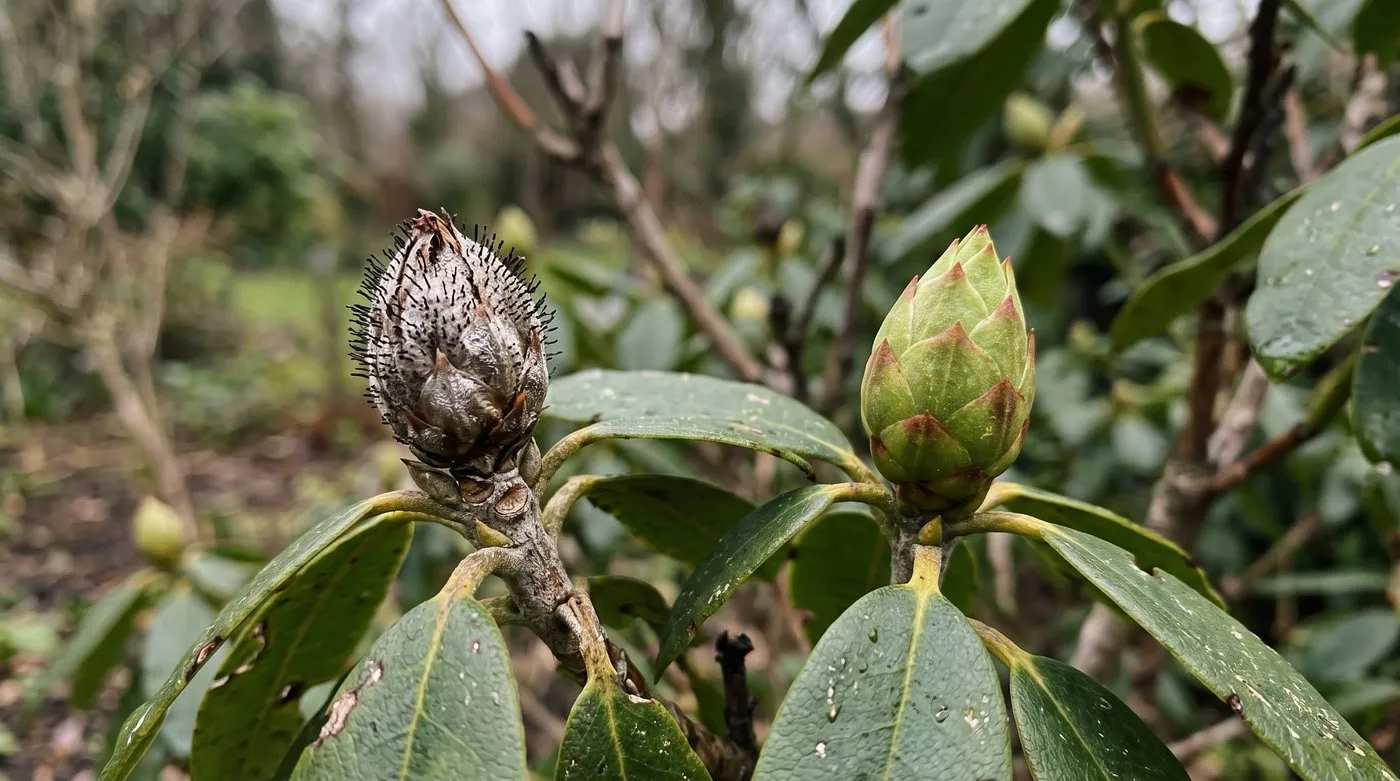 Brown rhododendron flower bud covered in tiny black bristles from bud blast