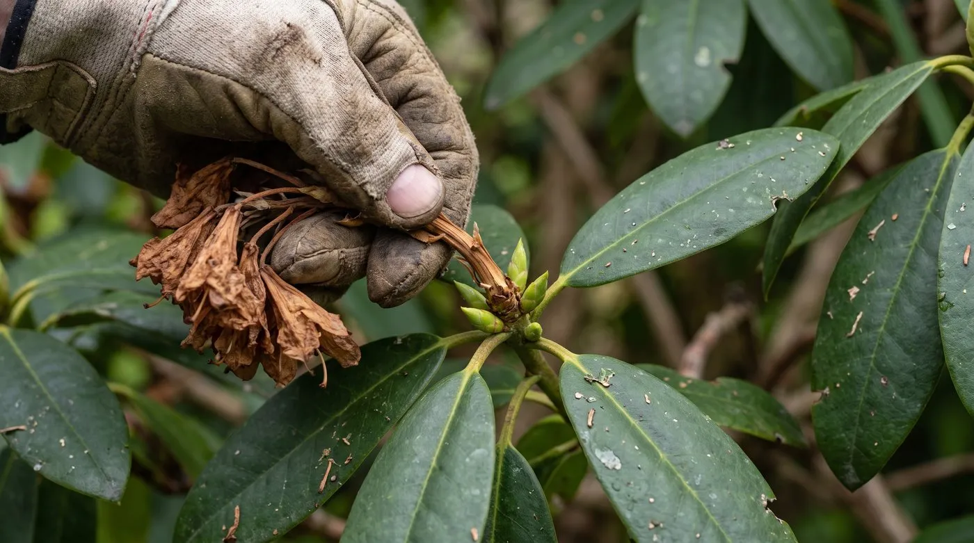 Gloved hand snapping off a faded rhododendron flower head above new leaf buds