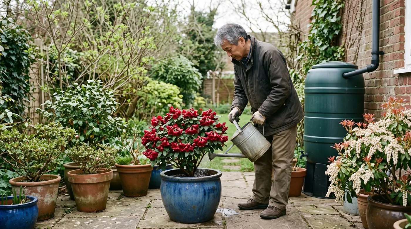Man watering a dwarf rhododendron in a glazed pot with rainwater from a water butt