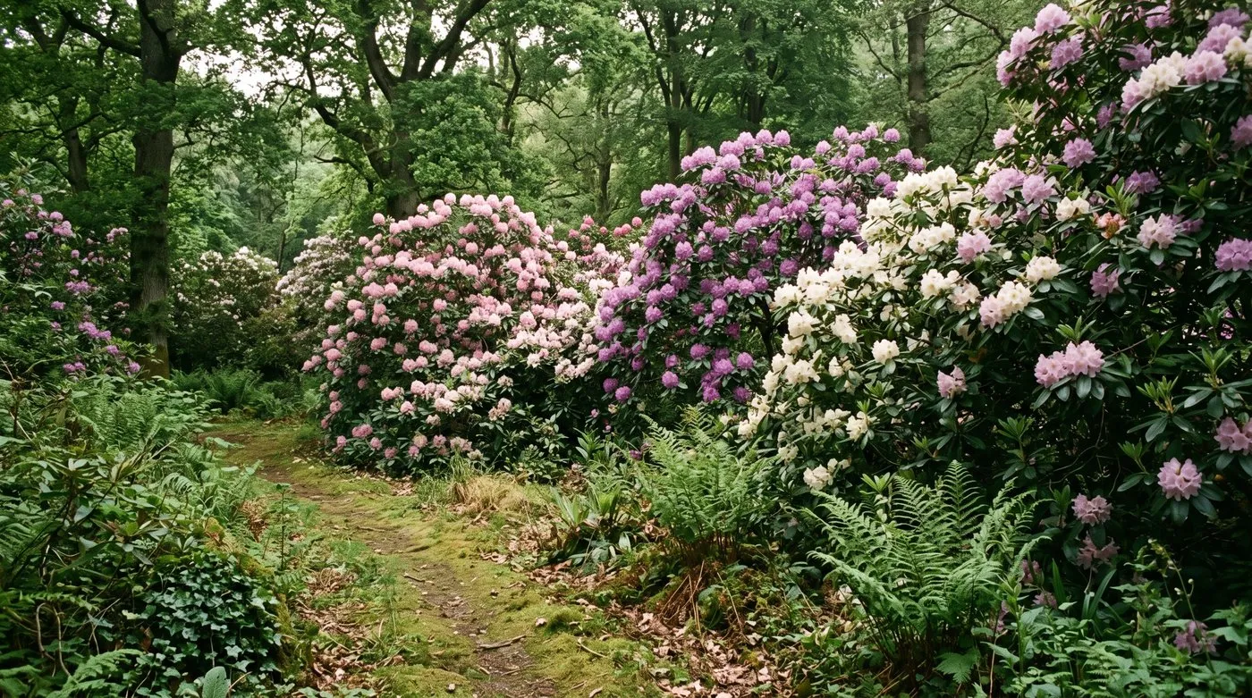 Large rhododendrons in full flower in a Welsh woodland garden with dappled light