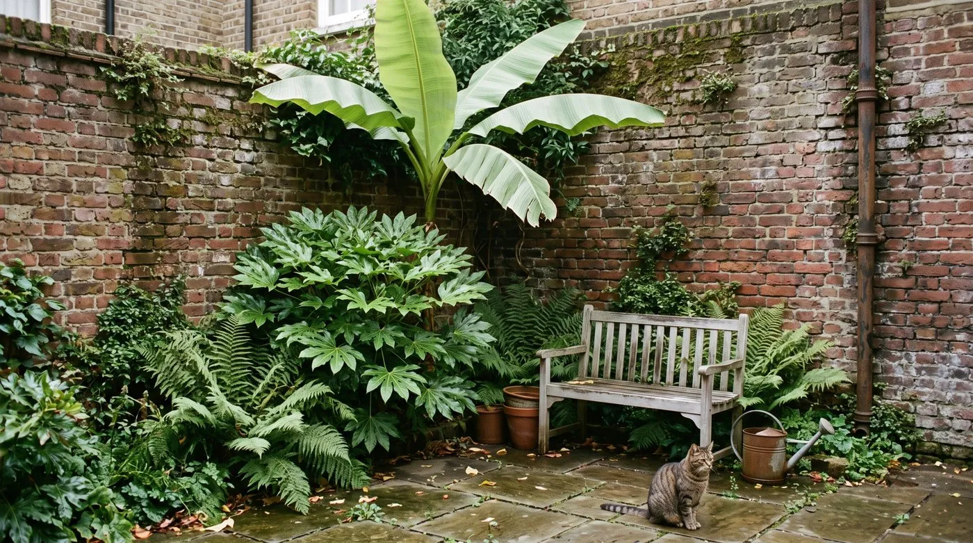 Courtyard corner planted with a fatsia, a hardy banana and ferns beside a small bench and a tabby cat