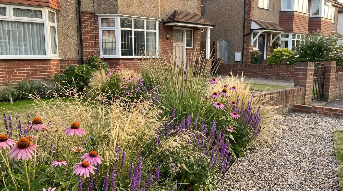 Small front garden border with grasses, pink echinacea and purple salvia woven together in a naturalistic mix