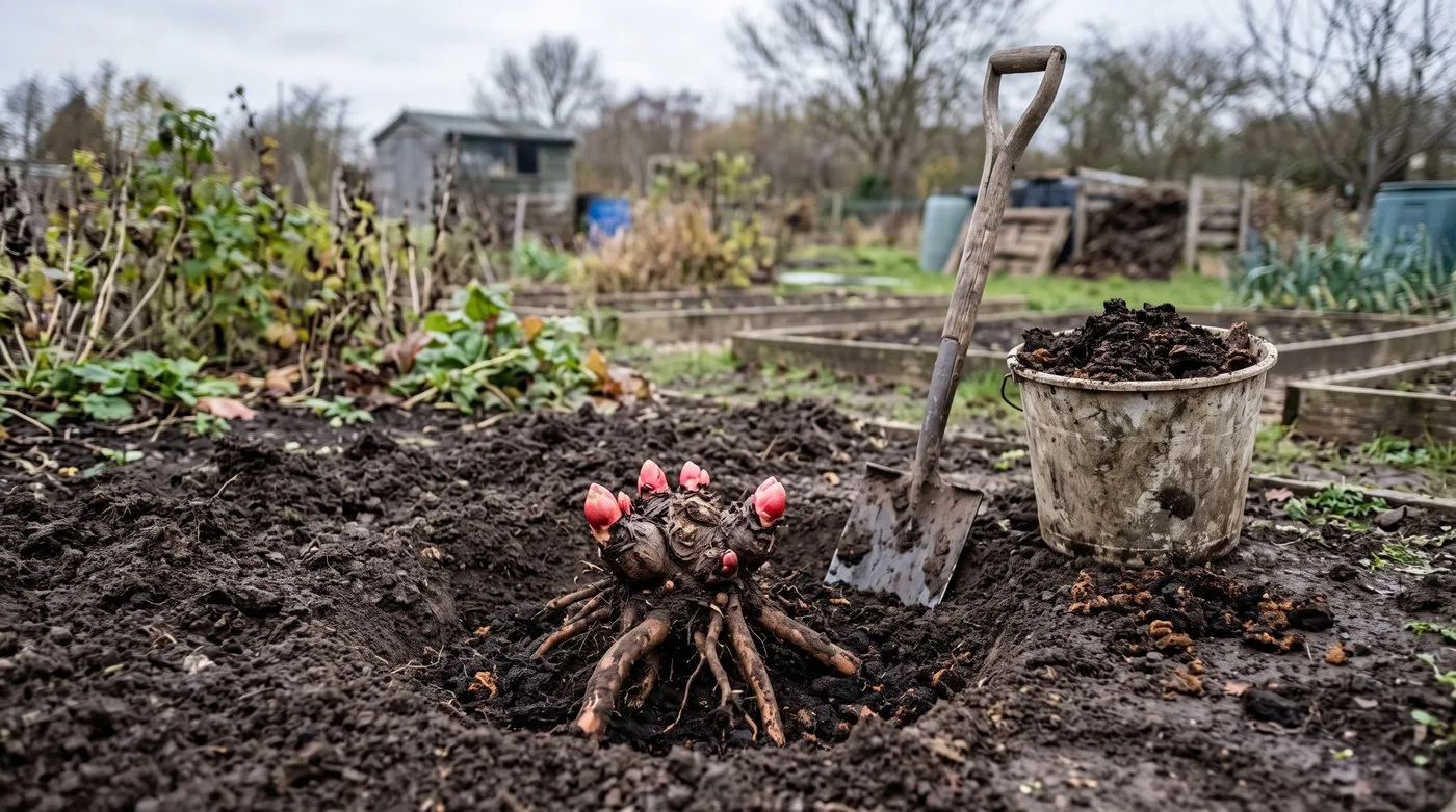 Bare-root rhubarb crown set in a hole with its pink buds just at soil level