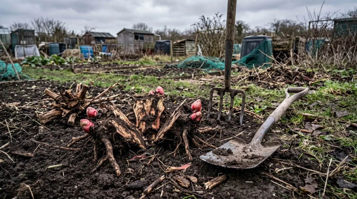 Old rhubarb crown split with a spade into pieces, each with a pink bud and roots