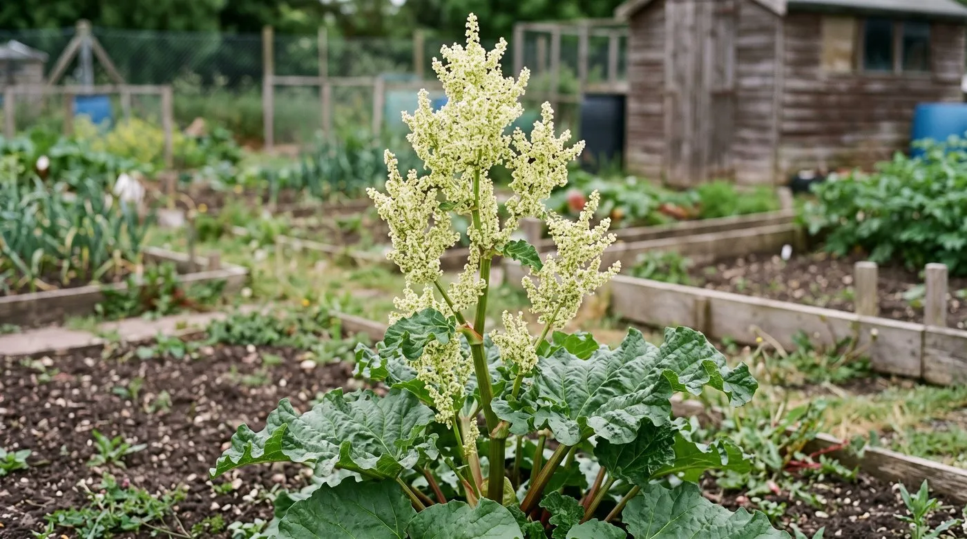 Rhubarb plant with a thick flower stalk topped by a plume of creamy flowers