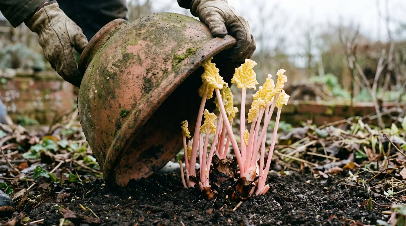 Pale pink forced rhubarb stems with small yellow leaves revealed under a lifted cover