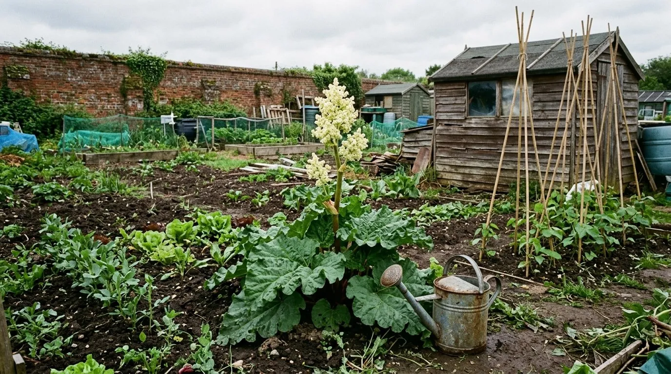 Bolted rhubarb plant with a thick central flower spike topped with creamy flowers in a suburban vegetable bed