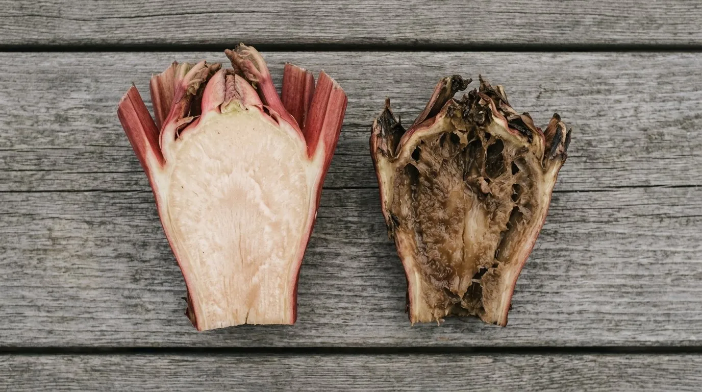 Cross section comparison of a healthy firm cream rhubarb crown beside a rotting brown collapsed crown cut open with a knife