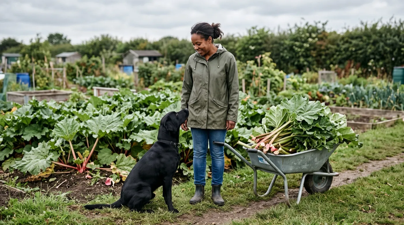 Allotment holder and her Labrador beside a rhubarb bed, with cut rhubarb leaves cleared into a barrow
