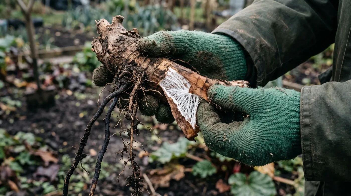 Black bootlace rhizomorphs of honey fungus and white fungal growth at the base of a rhubarb crown lifted from soil