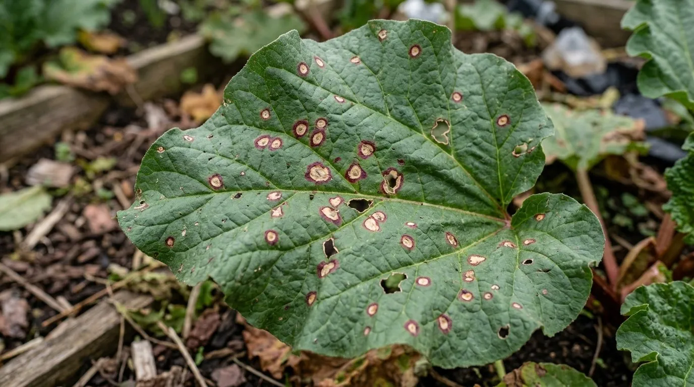 Rhubarb leaf showing circular Ramularia leaf spots with dark red margins and pale centres in a northern allotment plot