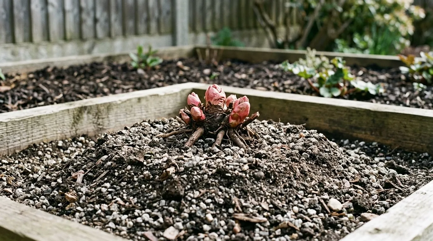 Rhubarb crown planted on a raised grit mound with buds sitting proud of the soil in a suburban raised bed
