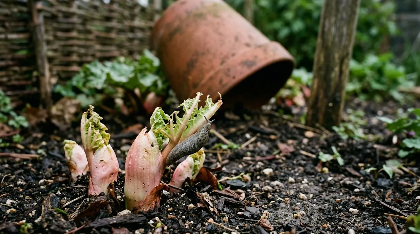 Slug grazing damage on emerging rhubarb buds under a terracotta forcer in early spring on a Welsh plot