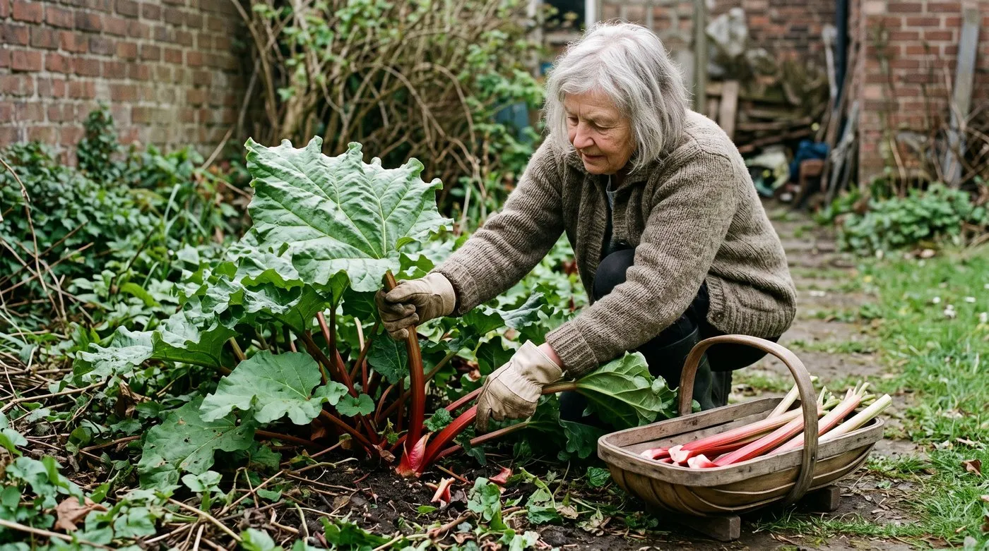 Older woman pulling a rhubarb stem from the plant with a twist