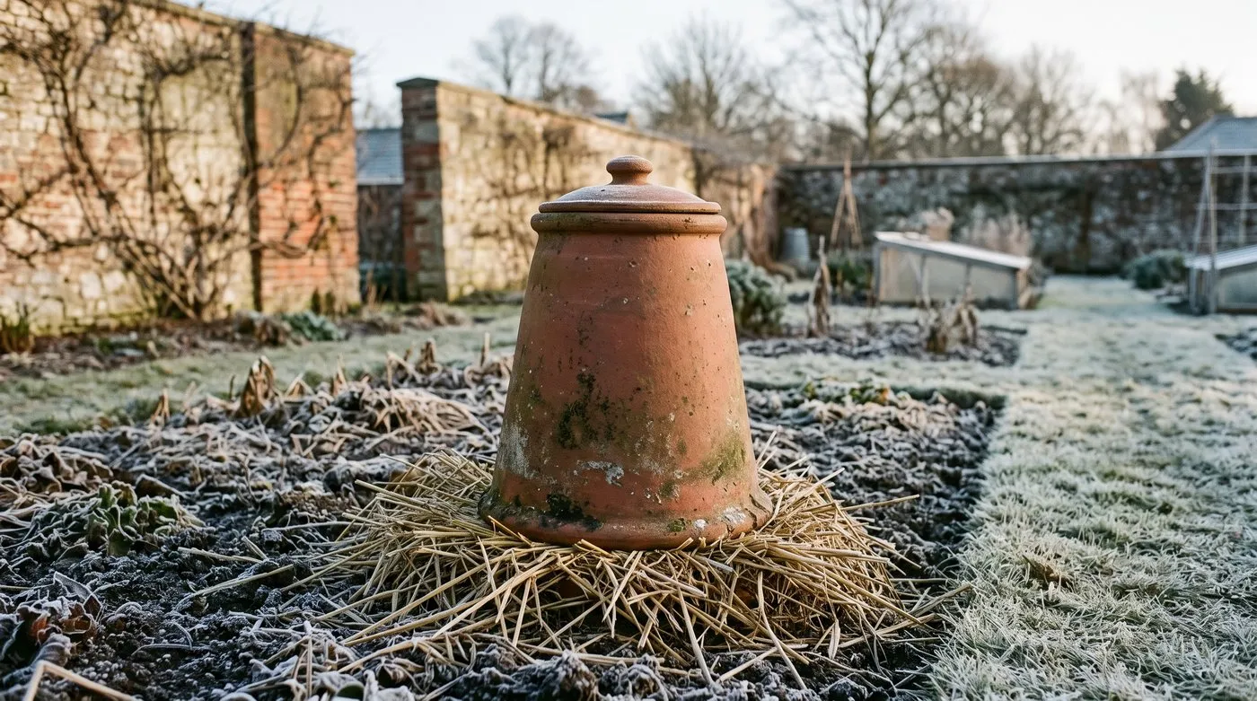 Terracotta rhubarb forcer with a lid over a crown in a frosty vegetable bed
