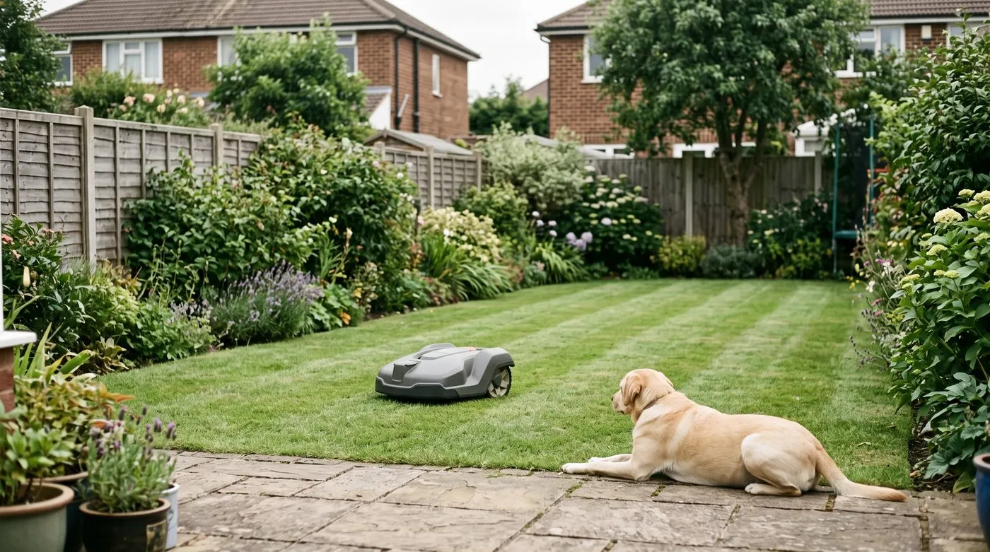 Robot mower cutting the lawn at midday while a dog watches calmly from the patio