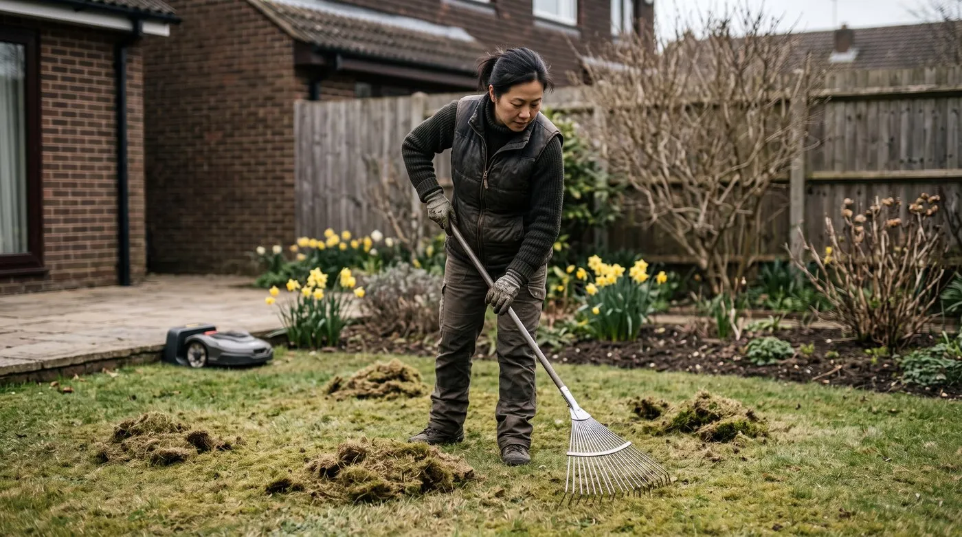 Woman scarifying a lawn with a spring-tine rake before a robot mower's first season