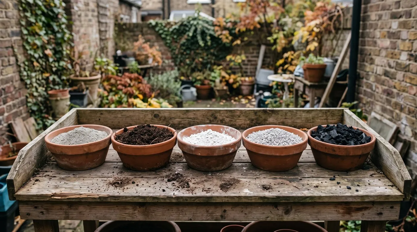 Pots of rock dust, garden compost, garden lime, gypsum and biochar side by side on a potting bench