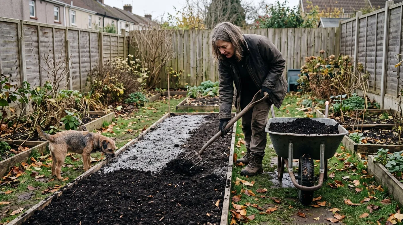 Woman mulching a vegetable bed with compost over a light dusting of rock dust as a terrier watches
