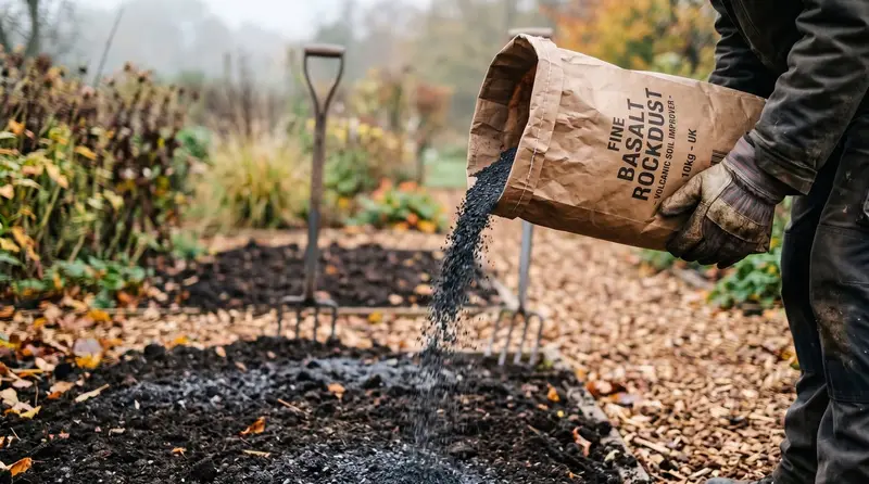 A UK gardener's gloved hand pouring fine grey-black basalt rockdust from a paper sack onto a freshly cleared no-dig bed in