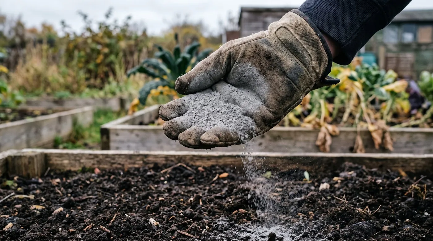 Gloved hand holding a small heap of fine grey basalt rock dust over a vegetable bed