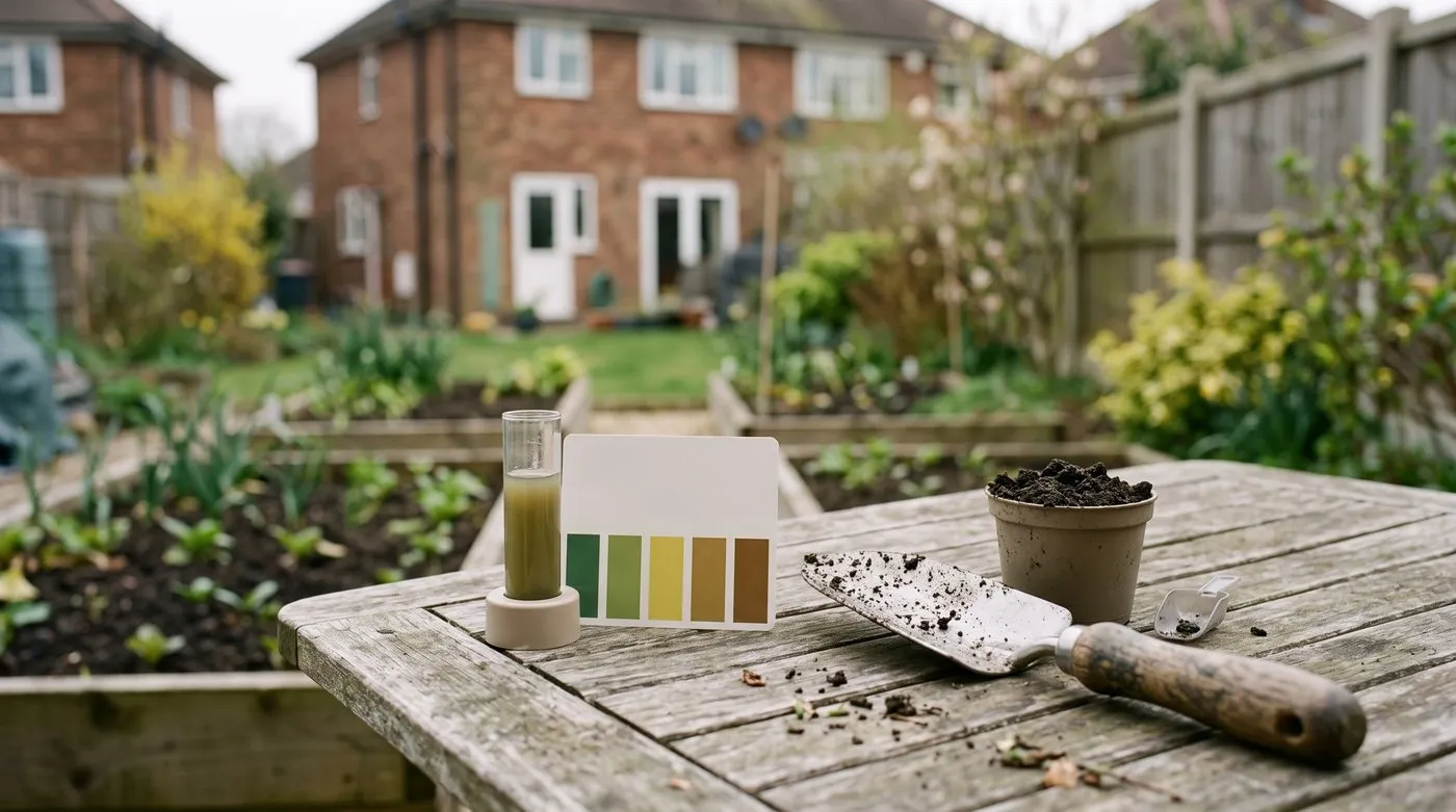 Home soil test kit with a test tube of soil solution and a colour card beside a sample of garden soil