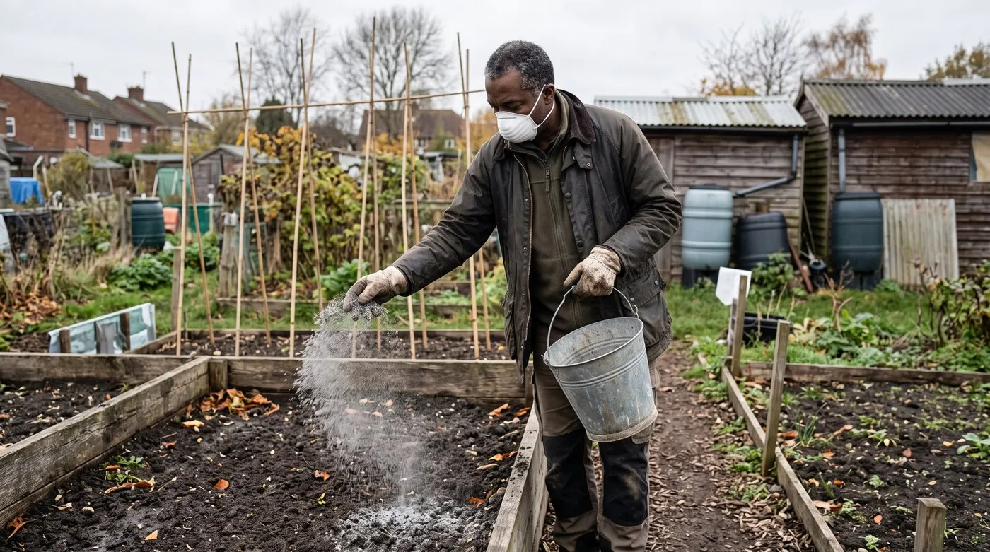 Man in a dust mask scattering rock dust by hand over a cleared raised vegetable bed