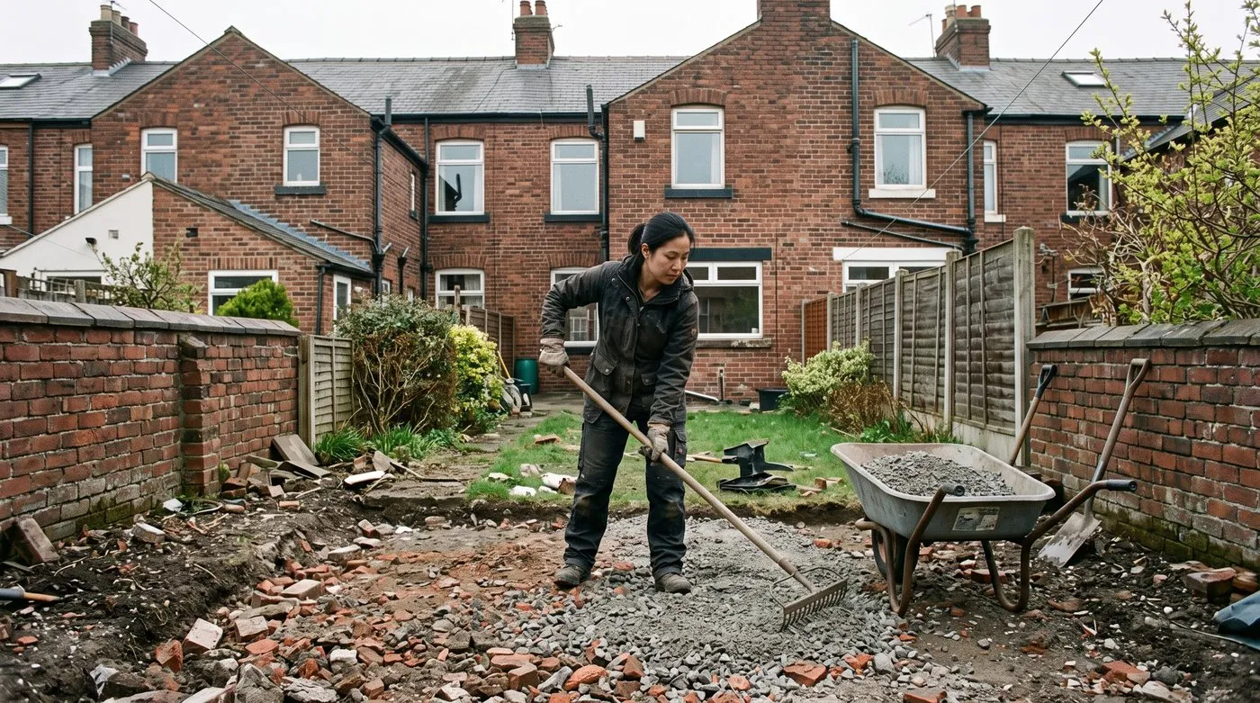 Woman raking coarse grit over a rubble drainage base for a new rockery