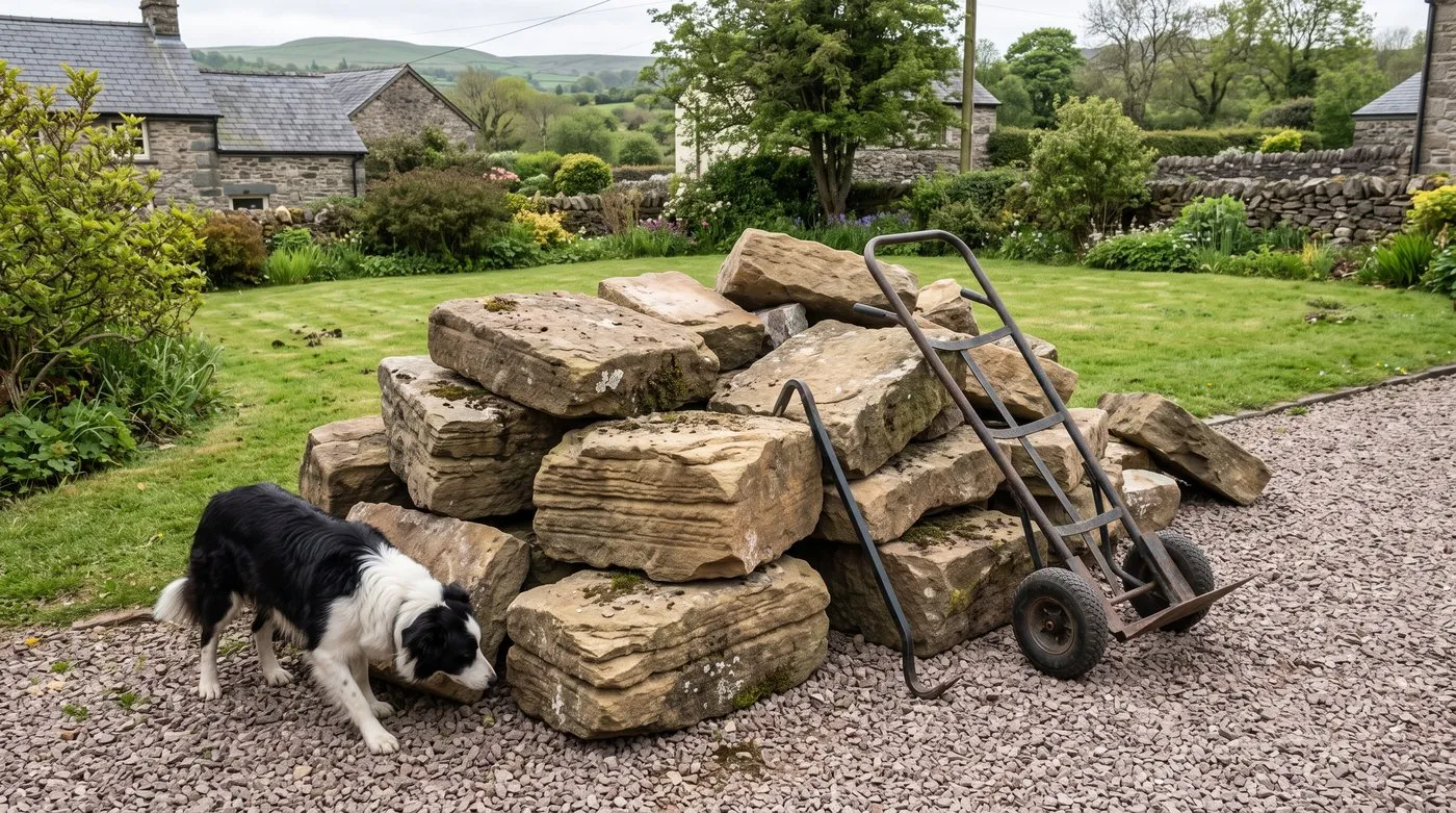 Pile of large buff sandstone rocks of one type delivered on a driveway, with a sack truck and a dog nearby