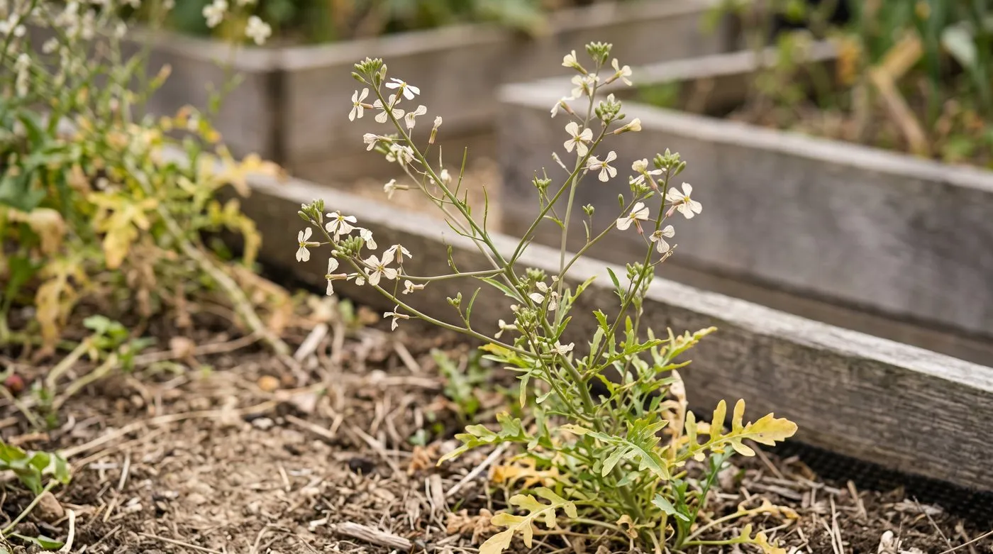 Bolted salad rocket with a tall stalk of cream, purple-veined flowers
