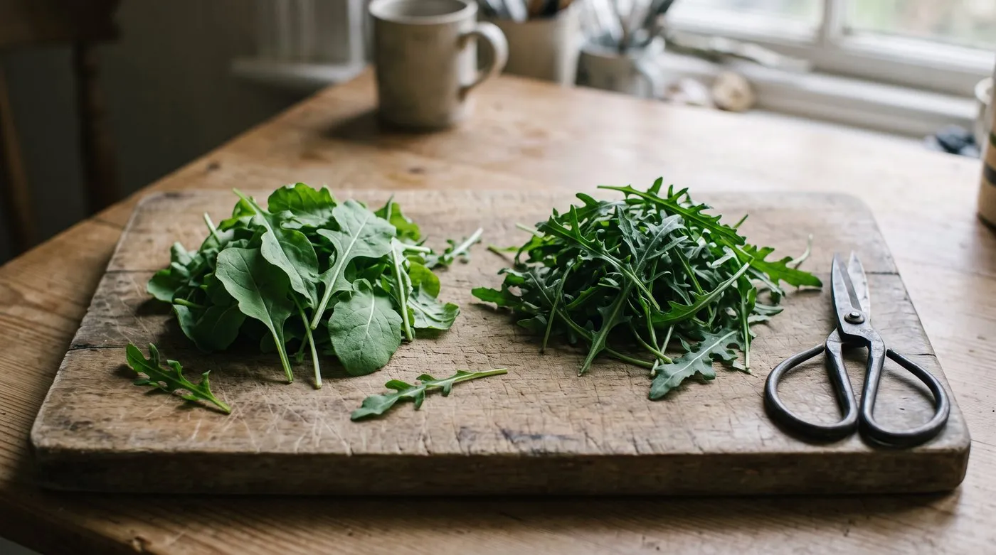 Broad salad rocket leaves next to narrow, jagged wild rocket leaves on a board