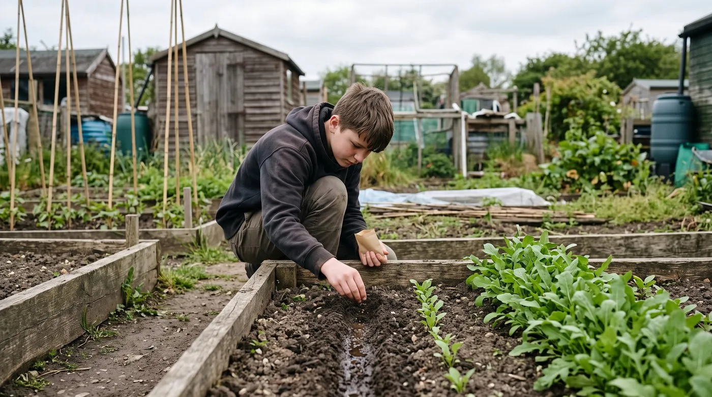 Teenage boy sowing a short row of rocket next to older rows at different stages