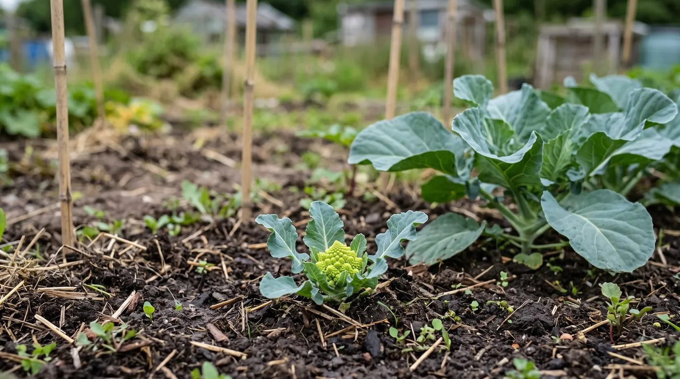 Young romanesco plant with a tiny premature head beside a healthy leafy plant