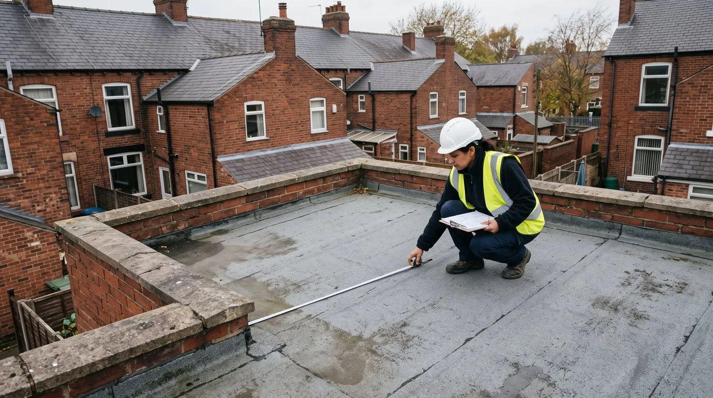 Engineer measuring a bare flat roof on a terraced house extension before a roof garden is added