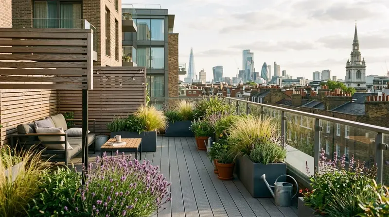 London flat-roof terrace garden with timber windbreak screen, grasses and lavender in lightweight planters