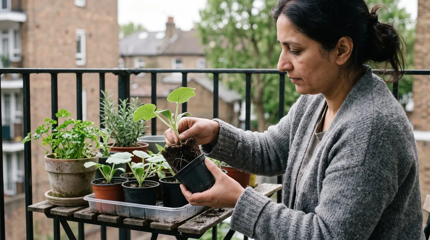 Gardener sliding a courgette seedling out of its pot on a balcony to check whether the roots need more room