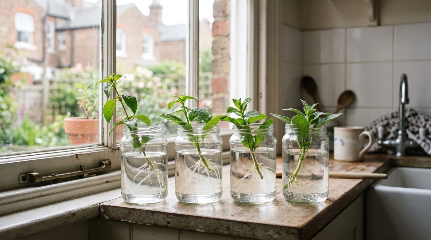 Root cuttings in water: pothos and mint stems rooting in glass jars on a UK kitchen windowsill with visible white roots