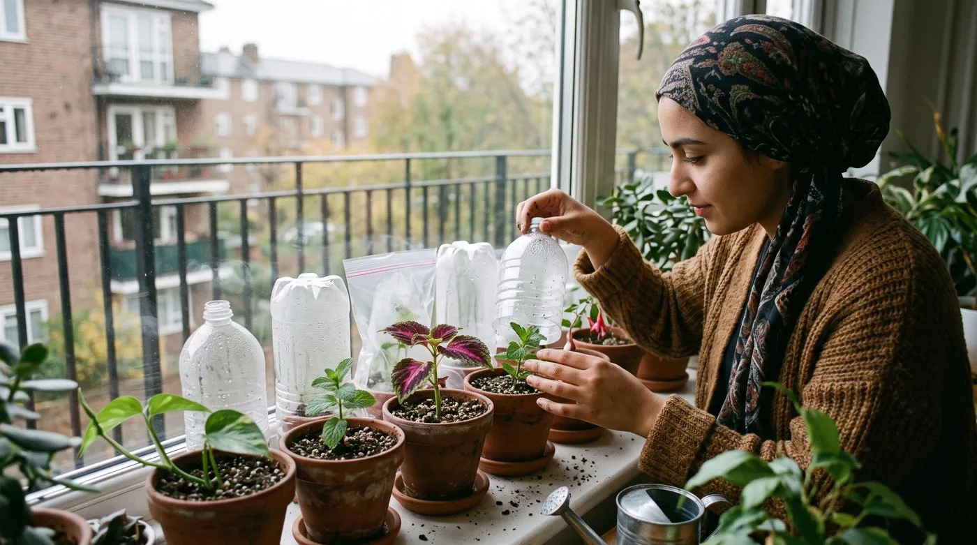 Woman lifting a clear bottle cover beside freshly potted cuttings, including coleus, on a windowsill