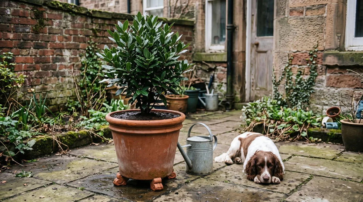 Freshly repotted bay tree in a terracotta pot on pot feet in a sheltered courtyard corner