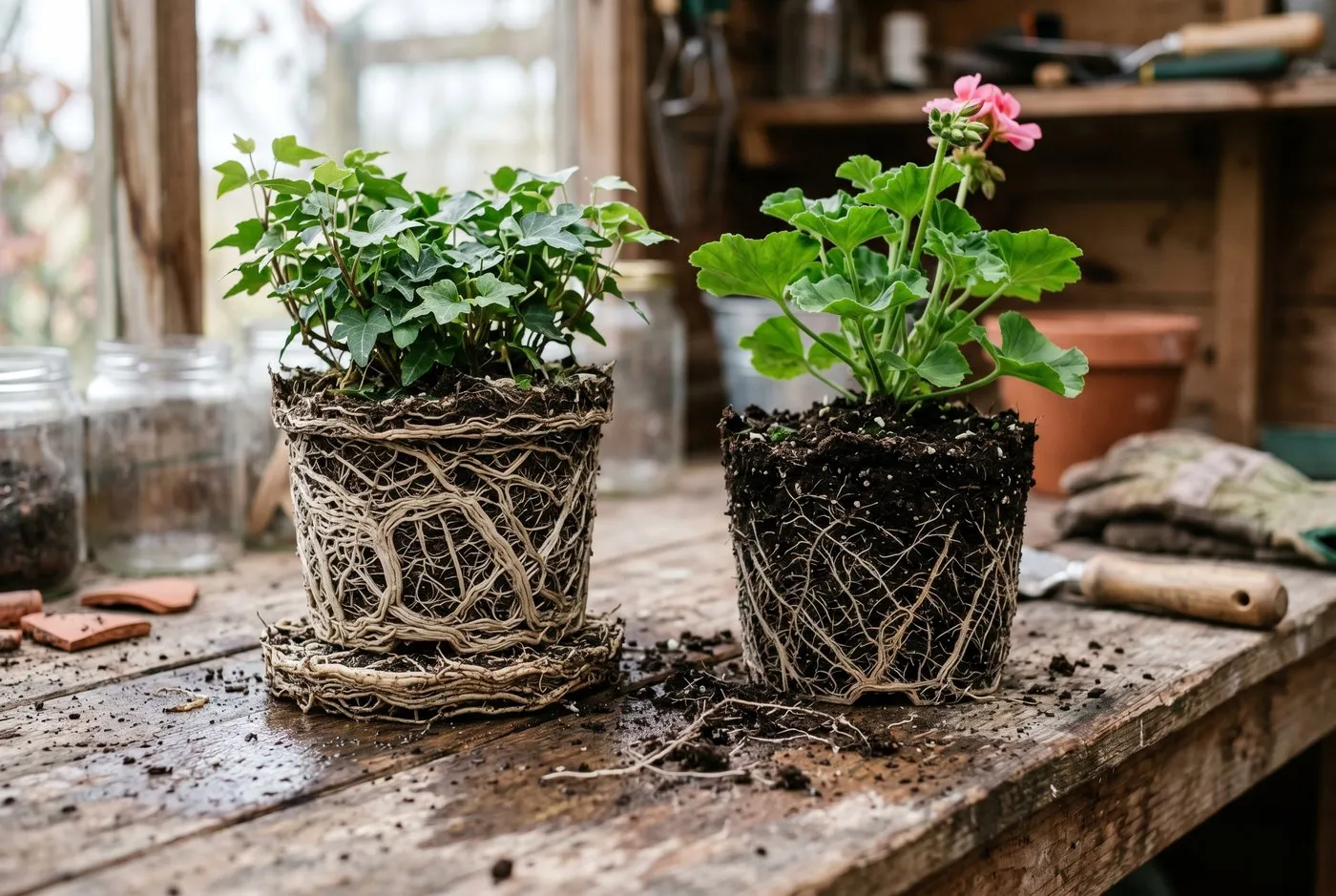 Diagnostic comparison of a pot-bound root ball with dense circling white roots beside a healthy loose root ball