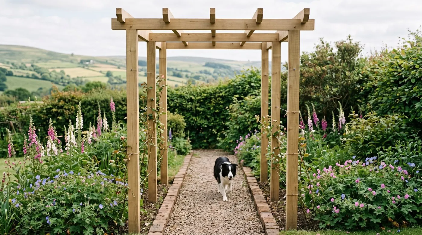 Wooden pergola arch over a gravel path with a Border Collie walking through and young climbers tied to the posts