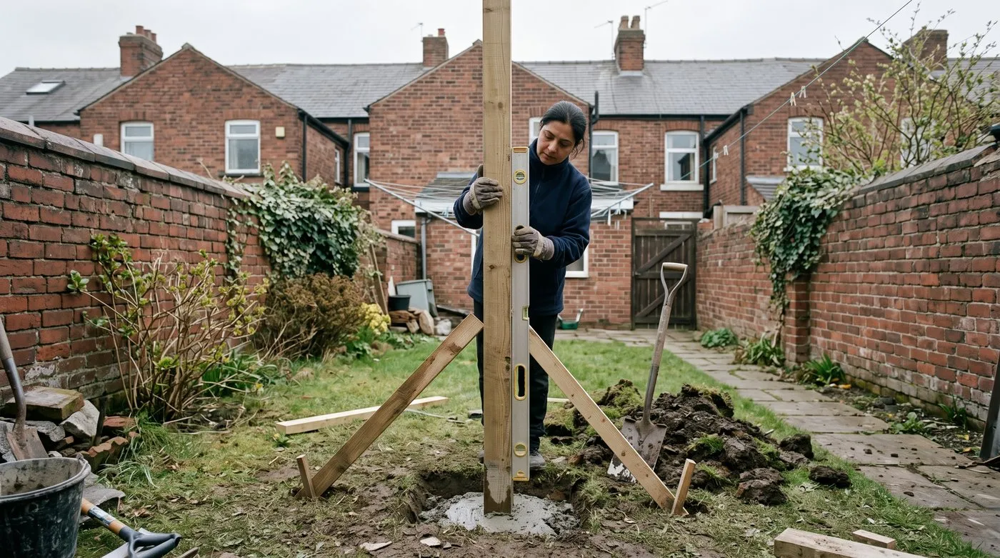 Gardener checking a braced timber post is upright with a spirit level as concrete sets around its base
