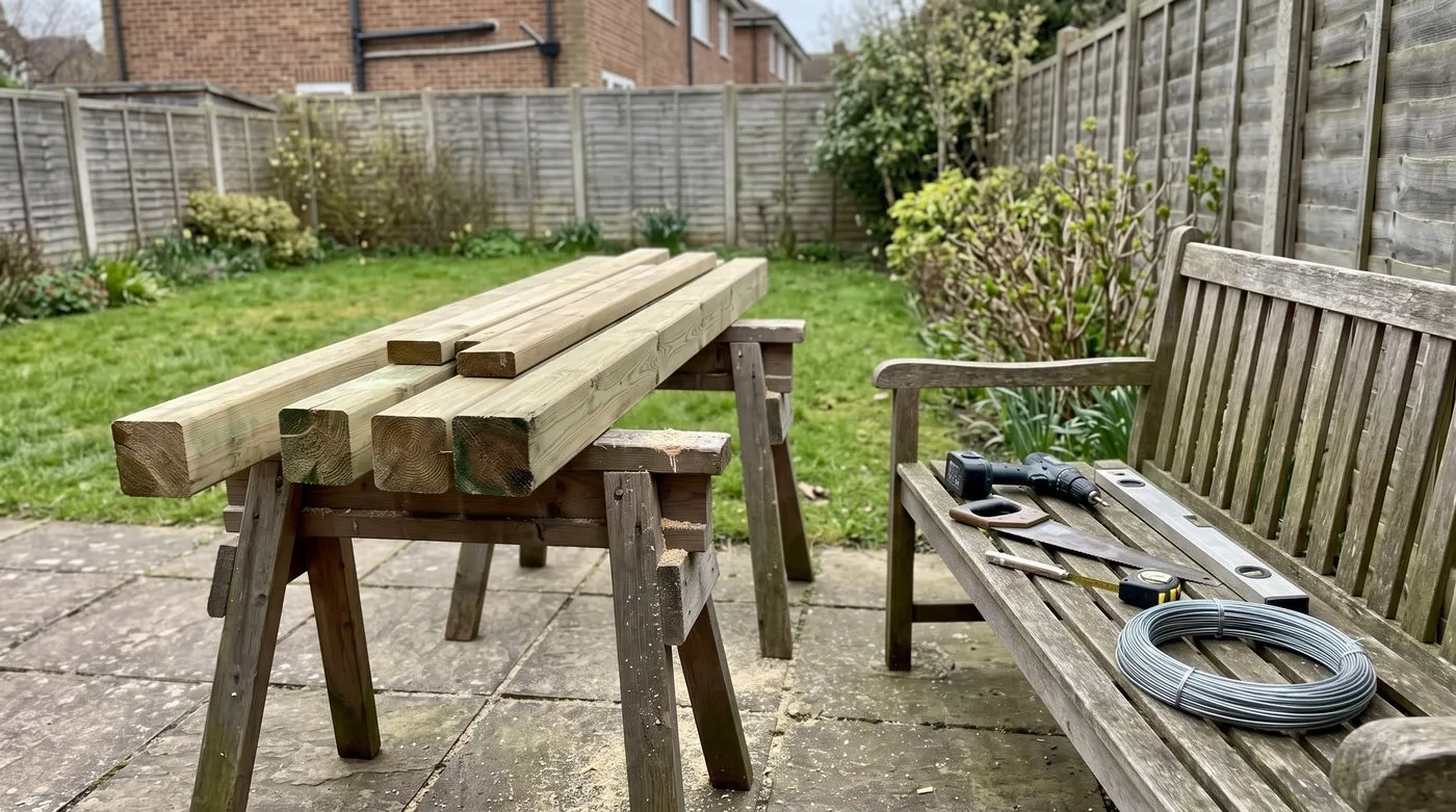 Treated timber posts and rails on saw-horses with a drill, saw, spirit level and garden wire ready to build a rose arch