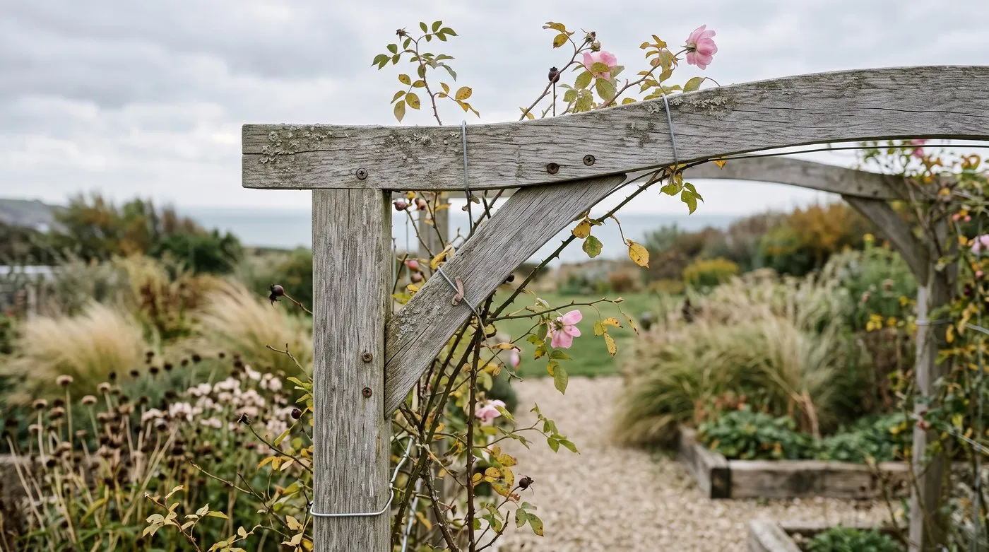 Close view of a diagonal brace at the top corner of a weathered oak rose arch in a breezy coastal garden