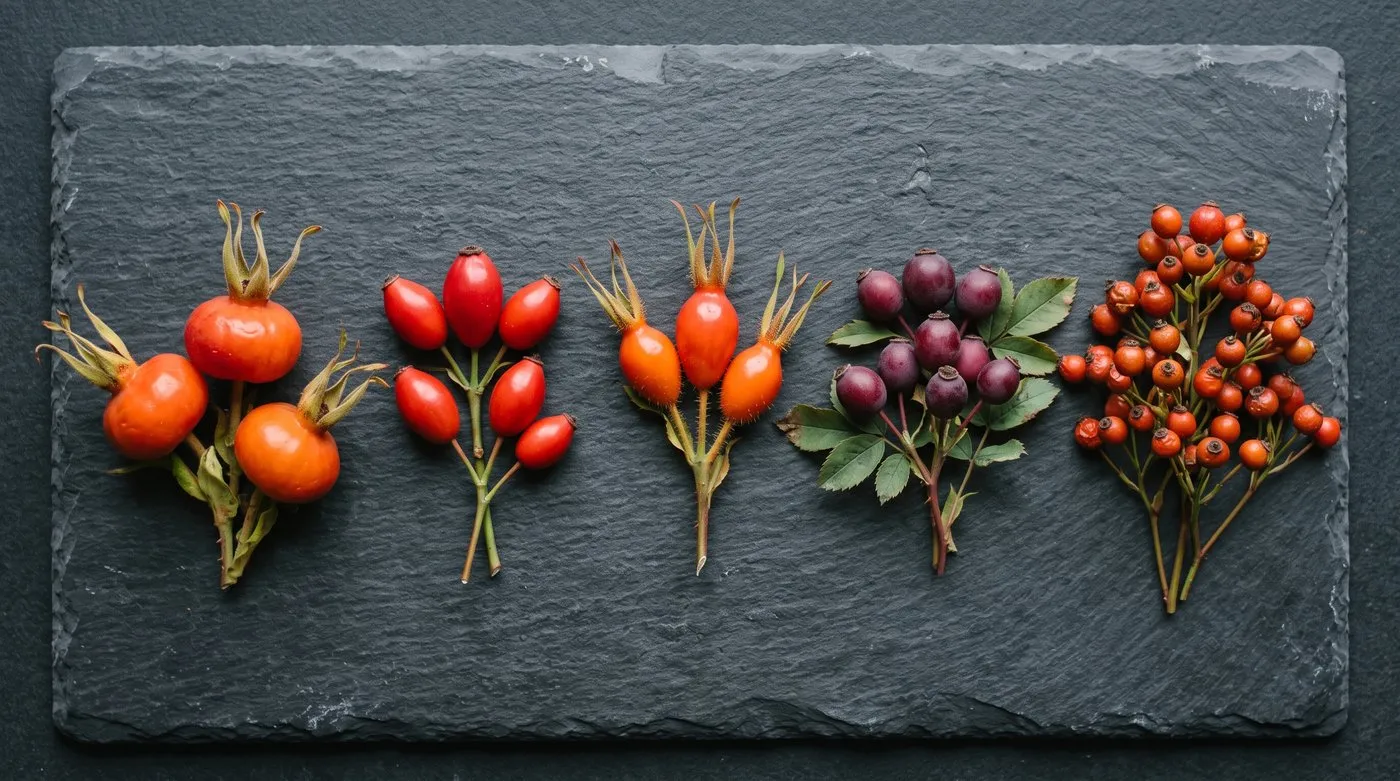 Five different rose hips laid side by side on slate showing rugosa round hips, oval dog rose hips and flask-shaped moyesii hips