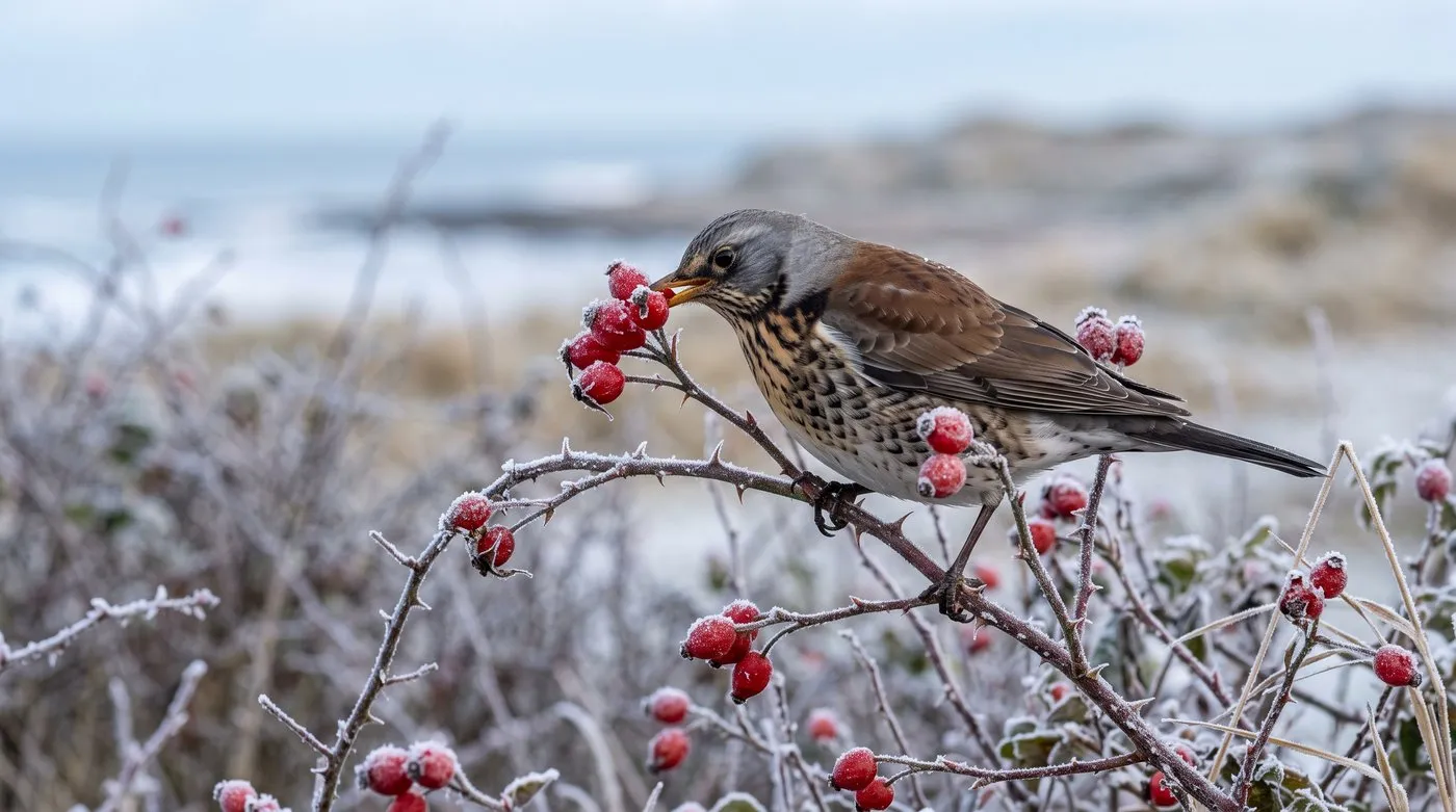 A fieldfare perched on a thorny rose stem feeding on bright red hips in a frosty winter hedgerow