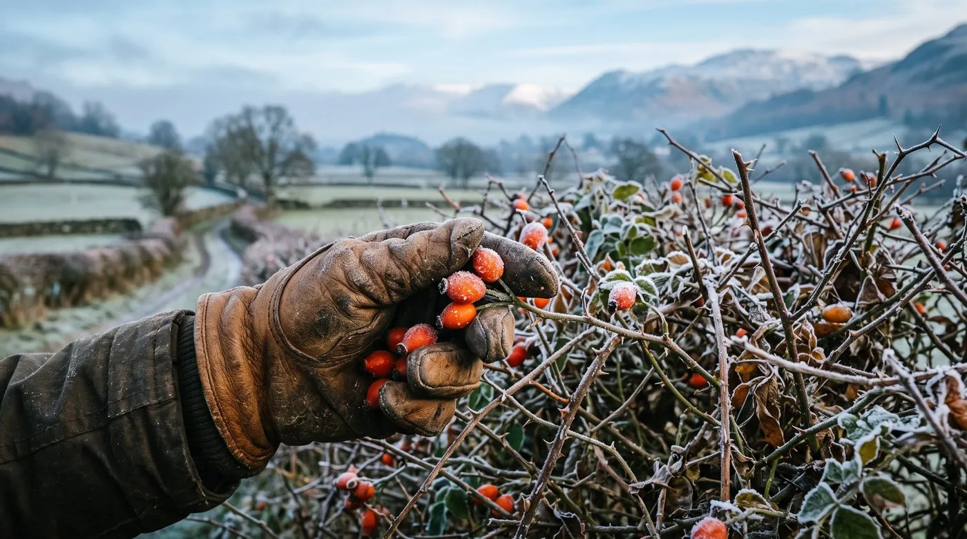 Hand in a leather gardening glove picking frosted orange-red dog rose hips from a hedgerow on a cold morning